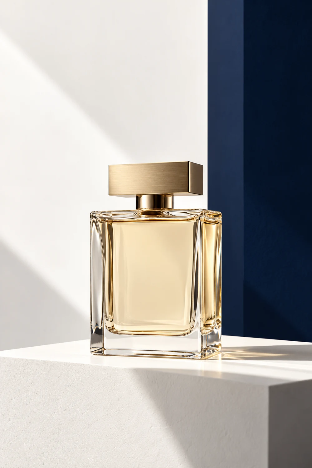 Unbranded clear-glass fragrance concept on a white pedestal with champagne metal and navy architecture